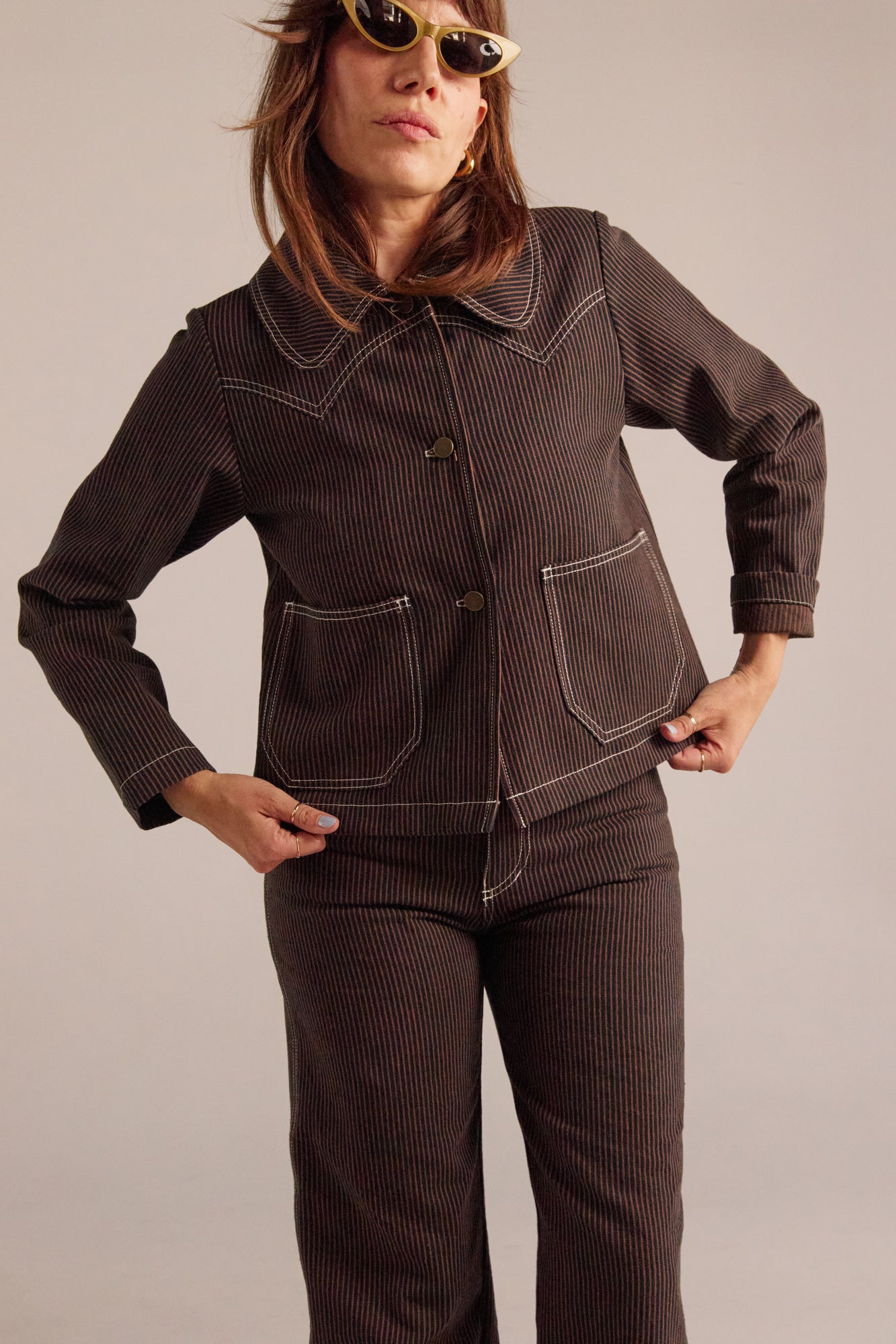 PRE-ORDER Shrunken Ranch Jacket - Brown Railroad Stripe (New removable collar)