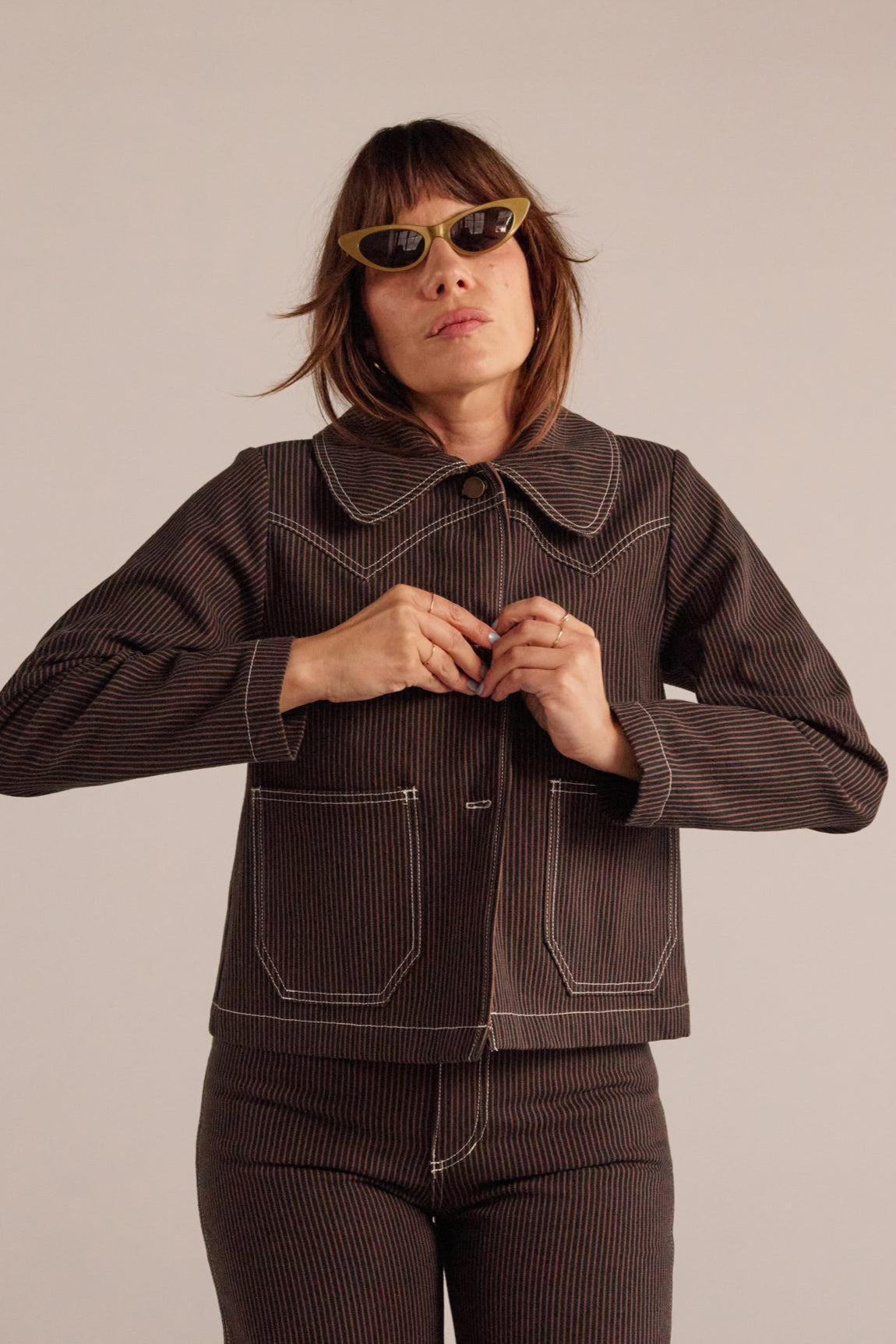 PRE-ORDER Shrunken Ranch Jacket - Brown Railroad Stripe (New removable collar)